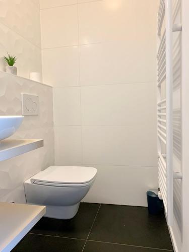 a white bathroom with a toilet and a sink at Kamr’ca in Ljubljana
