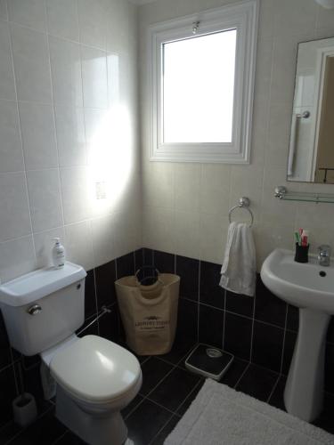 La salle de bains est pourvue de toilettes, d'un lavabo et d'une fenêtre. dans l'établissement Andromeda Beach house, à Pólis Chrysochoús