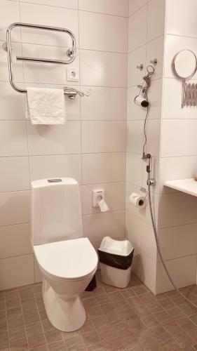 a bathroom with a toilet and a shower at Hotelli Loimu by UHANDA in Raisio