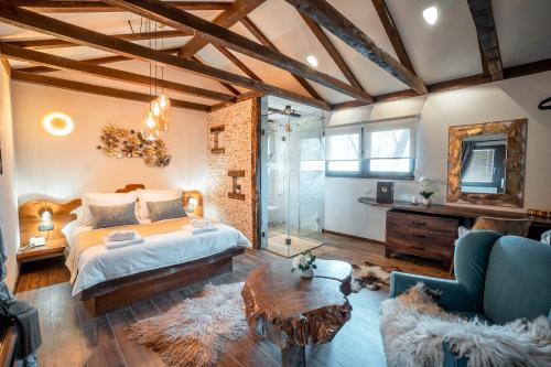 1 dormitorio grande con 1 cama y ducha de cristal en Toplik Village Resort, en Uzdojnice