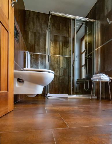 a bathroom with a sink and a shower at Hotel Alfonso IX in Cáceres