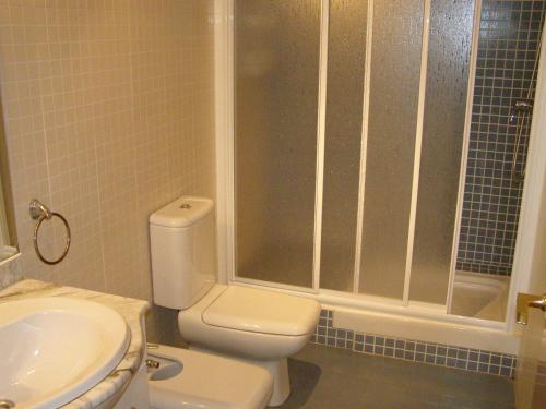 a bathroom with a toilet and a shower and a sink at Apartamentos Inbesal in La Pineda