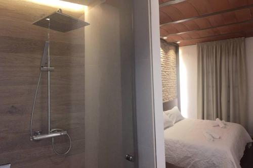 a bedroom with a bed and a shower in a room at Casa de diseño 200m Mezquita 2 rooms & 2 bathrooms in Córdoba