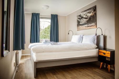 1 dormitorio con 1 cama grande y cortinas azules en Vakantiehuis in hét bomendorp van de Veluwe, en Putten