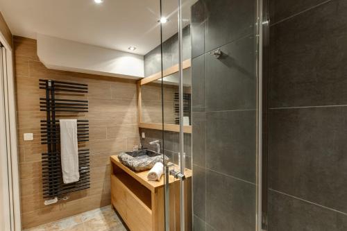 W łazience znajduje się prysznic i umywalka. w obiekcie La Cour Filaterie - Suite au cœur d'Annecy w Annecy