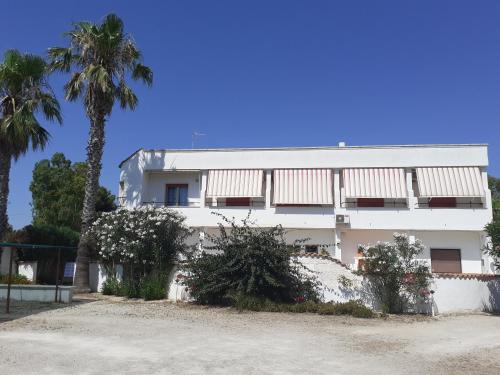 a white building with palm trees in front of it at Hotel Villa del Sole in Porto Cesareo
