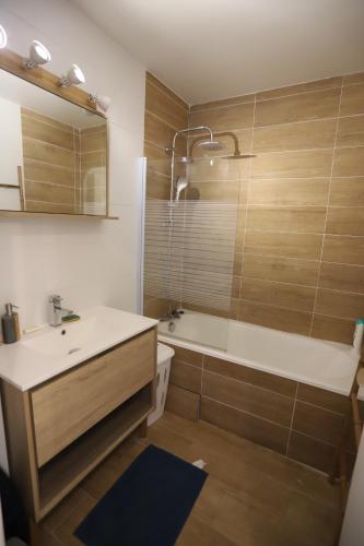 une salle de bain avec une baignoire, un lavabo et une douche dans l'établissement Cosy pretty flat, à Saint-Étienne