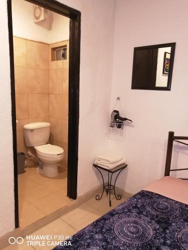 a bathroom with a toilet and a bed in a room at Monchita's Ensenada Baja, apartments for rent. in Ensenada