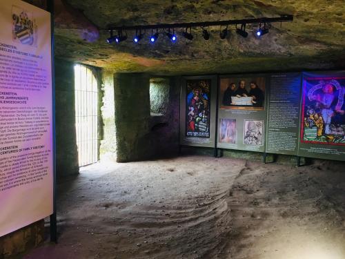 a room in a cave with posters on the walls at Gîte de la Vallée in Dambach