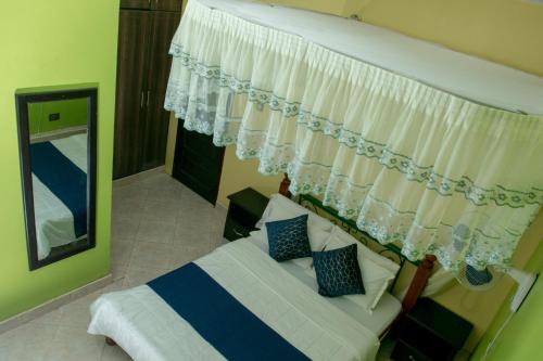 a bedroom with a bed with a curtain and a mirror at Seguku Katale Apartment 2 in Kampala