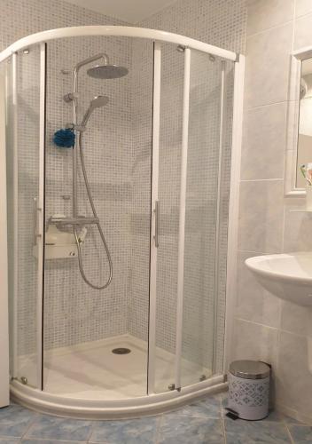 une douche avec une porte vitrée dans une salle de bain dans l'établissement Santa Lina, à Ajaccio