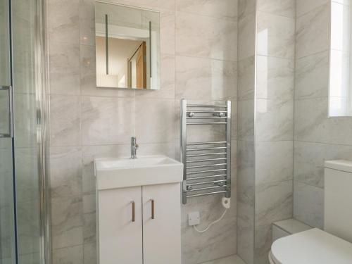 a bathroom with a sink and a toilet and a mirror at Harbourside Haven Apartment 1 in Weymouth