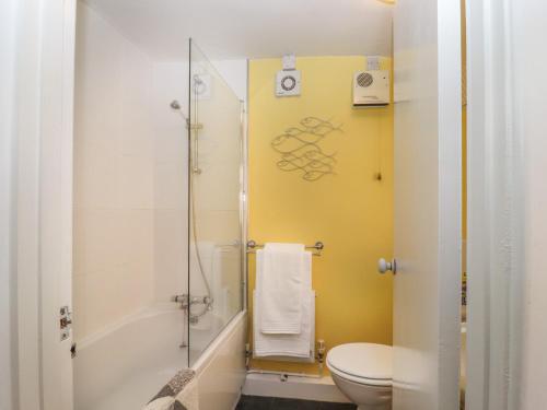 a bathroom with a toilet and a shower at Holly Cottage in Woodbridge