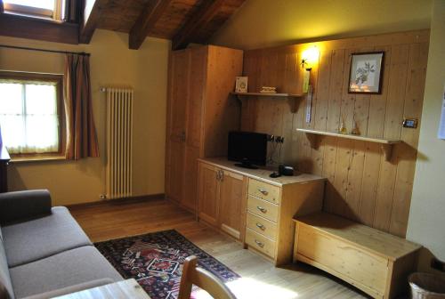 a living room with wooden walls and a tv and a couch at Villa Fridau resort in Gressoney-Saint-Jean