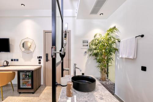 uma casa de banho com um chuveiro e uma planta em Athens Ivy Suites em Atenas