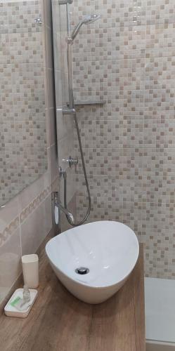 a white sink in a bathroom with a shower at Riva Superior in Genoa