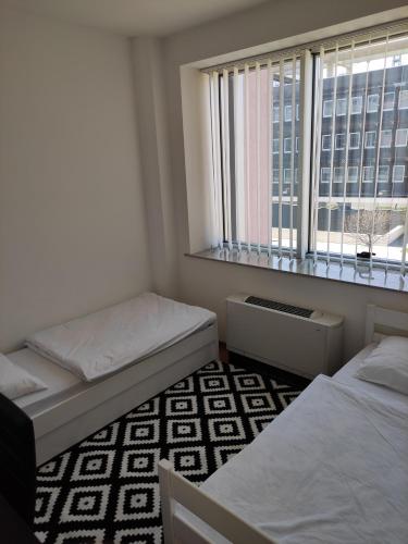 deux lits dans une chambre avec une fenêtre dans l'établissement Apartment Dajak Centar, à Banja Luka