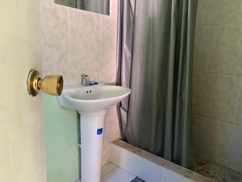 a bathroom with a sink and a shower curtain at ThA LaGooN SpOt Caribbean BrEeZe in Port Antonio