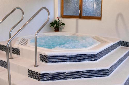 a jacuzzi tub in a bathroom with a plant at Schreyers Hotel Restaurant Mutzel in Schluchsee