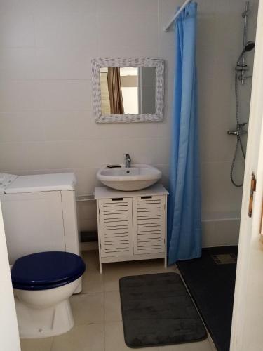 une salle de bain avec toilettes, lavabo et miroir dans l'établissement Chez Sylvie et Amador, à Las Illas