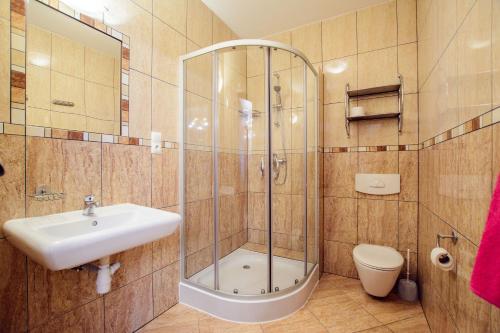 La salle de bains est pourvue d'une douche, d'un lavabo et de toilettes. dans l'établissement WILLA ORNAK, à Zakopane