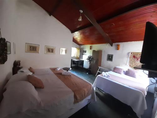 a bedroom with two beds and a flat screen tv at Dom Jaime - Guest House in Pirenópolis