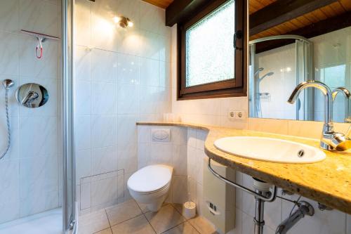 ein Badezimmer mit Toilette, Waschbecken und Dusche in der Unterkunft Ferienwohnpark Immenstaad am Bodensee Nurdachhaus Typ 8 NDT 036 in Immenstaad am Bodensee