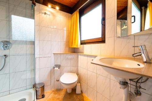 une salle de bain avec toilettes, lavabo et douche dans l'établissement Ferienwohnpark Immenstaad am Bodensee Nurdachhaus Typ 8 NDT 032, à Immenstaad am Bodensee