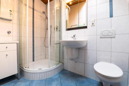een badkamer met een toilet, een wastafel en een douche bij Ferienwohnpark Immenstaad am Bodensee Satteldachhaus Typ 9 SD 59 in Immenstaad am Bodensee