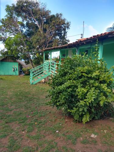 a green house with a large bush in front of it at Palhoça da Colina in Fernando de Noronha