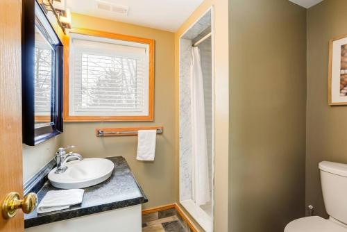 Un baño con lavabo, inodoro y ventana. en Ski In Out Mountainside Chalet 83001, en Blue Mountains