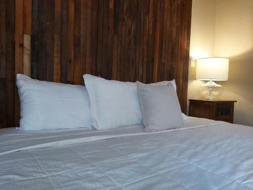 a bed with white pillows and a wooden headboard at Independencia Dos 7 Hotel Boutique in Querétaro