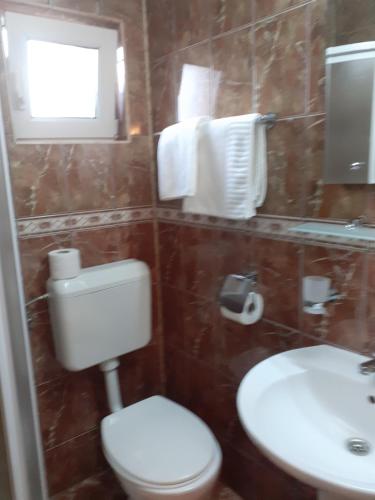 a bathroom with a toilet and a sink and a window at Casa Azugeana in Azuga