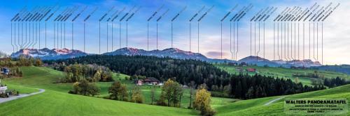 a painting of a green hill with mountains in the background at Ruhige Zimmer im Grünen und Studio im Naherholungsgebiet in Sigigen