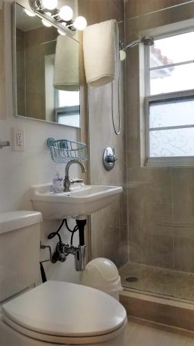 a bathroom with a toilet and a sink and a shower at SOBE SUNSHINE ONE BEDROOM APARTMENTs in Miami Beach