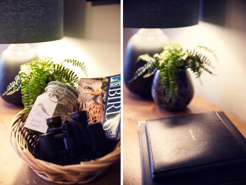 a basket of plants and a lamp on a table at West House in Middleton in Teesdale