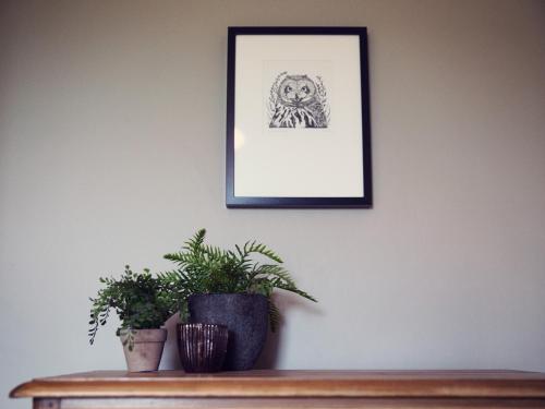 a picture on a wall with two plants on a table at West House in Middleton in Teesdale