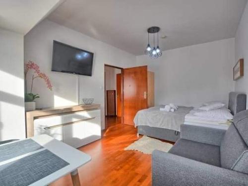 sala de estar con cama y sofá en A504, en Krynica-Zdrój