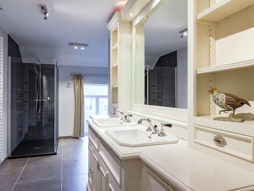 a bathroom with two sinks and a bird on the counter at Authentic Mill for Groups in Vencimont