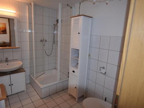 a bathroom with a shower and a toilet and a sink at Gemütliche Ferienwohnung mit Garten in Robertsdorf in Blowatz