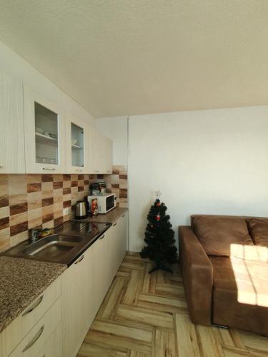 a kitchen with a couch and a christmas tree in it at Winterfell Apartment Popova Shapka in Popova Shapka