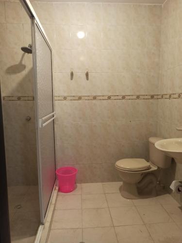 a bathroom with a shower and a toilet and a sink at Zaida View in San Andrés