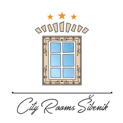 a window in a frame with stars and text city rams street at City Rooms Šibenik in Šibenik