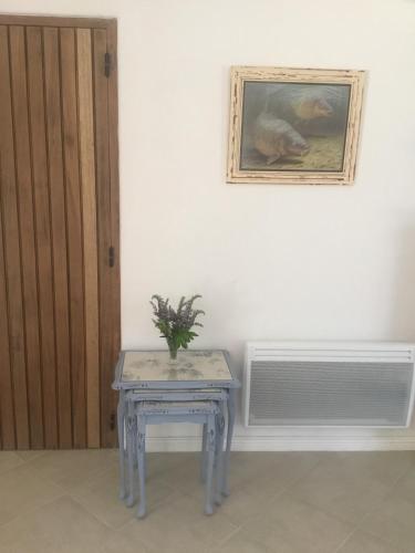 a table with a plant on it in a room at L’Etang Carp fishing lake and Gite in Saint-Junien