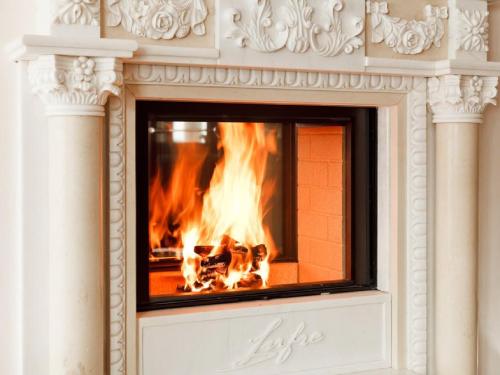 a fireplace with a fire inside of it at FOR MOMENTS Apartments & Spa in Roßhaupten