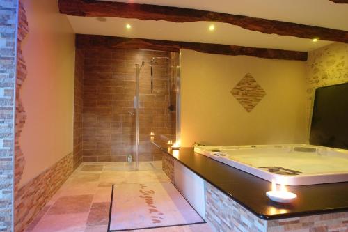 een grote badkamer met een bad en een douche bij La Bigourd'in in Escoubès-Pouts