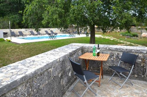 a table and chairs next to a wall with a pool at App & Rooms Juraga in Bale