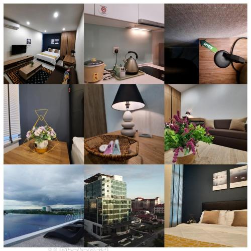 a collage of photos of a hotel room at Arena SOHO at Kozi Square Kuching in Kuching
