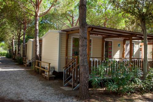 a house with a wooden fence and a tree at Camping Village Mareblu in Marina di Cecina
