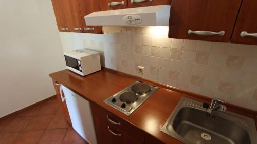 a kitchen counter with a sink and a microwave at Apartments Šerbečić in Malinska